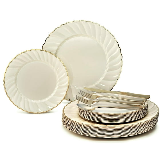 " OCCASIONS " 150pcs set (25 Guests)-Vintage Wedding Party Disposable Dinnerware Set Plastic Plates & Silverware w/double fork -10.25'', 7.5'' (Blossom Ivory & Gold Rim)