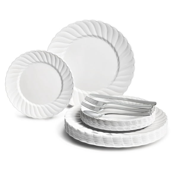 " OCCASIONS " 150pcs set (25 Guests)-Vintage Wedding Plastic Plates & cutlery -Disposable Dinnerware 10.25'', 7.5'' + Silverware w/double fork (Blossom in White)