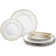 OCCASIONS 150pcs set 25 Guests-Wedding Plastic Plates & cutlery -Disposable heavyweight Dinnerware 10.25, 7.5 + Silverware w/double fork Rochelle White and Gold