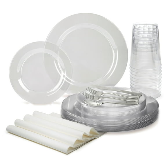 " OCCASIONS " 150pcs set (25 Guests)-Wedding Plastic Plates & cutlery -Disposable heavyweight Dinnerware 10.5'', 7.5'' + Silverware w/double fork (Plain Clear)