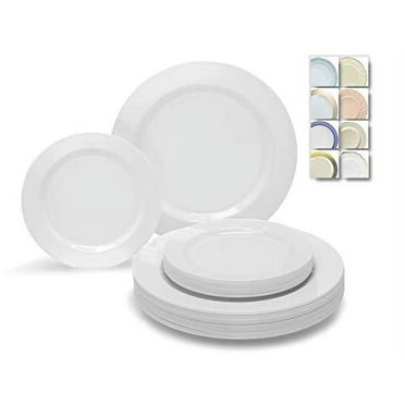 " OCCASIONS " 150pcs set (25 Guests)-Wedding Plastic Plates & cutlery -Disposable heavyweight Dinnerware 10.5'', 7.5'' + Silverware w/double fork (Plain White)