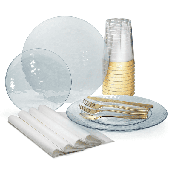 " OCCASIONS " 200 Pcs set (25 Guests)-Wedding Disposable Plastic Plates & cutlery - 25 x 10.25'' + 25 x 7.5'' +paper napkins, Gold rim cups & Silverware (Coastal Plain Clear)