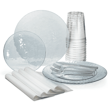 " OCCASIONS " 200 Pcs set (25 Guests)-Wedding Disposable Plastic Plates & cutlery - 25 x 10.25'' + 25 x 7.5'' +paper napkins, Gold rim cups & Silverware (Coastal Plain Clear)