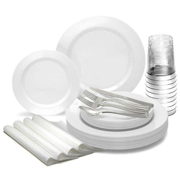 " OCCASIONS " 200 Piece set (25 Guests)-Heavyweight Wedding Party Disposable Plastic Plate Set -25 x 10.5'' + 25 x 7.5'' +Silverware+Cups+linen like paper Napkins (Plain white)