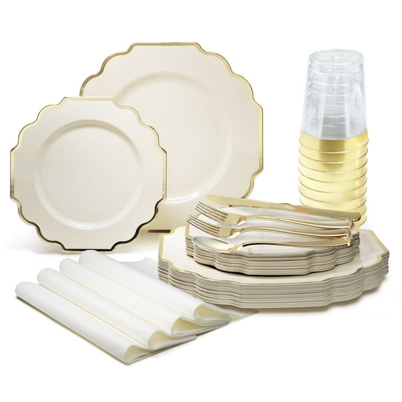 " OCCASIONS " 200 Piece set (25 Guests)-Wedding Plastic Plates & cutlery -Disposable heavyweight Dinnerware 10.5'', 8'' + Silverware + Cups + Napkins (Imperial Ivory & Gold)