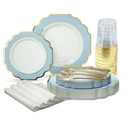 " OCCASIONS " 200 Piece set (25 Guests)-Wedding Plastic Plates & cutlery -Disposable heavyweight Dinnerware 10.5'', 8'' + Silverware + Cups + Napkins (Imperial in White/Blue & Gold)