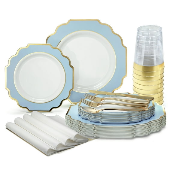 " OCCASIONS " 200 Piece set (25 Guests)-Wedding Plastic Plates & cutlery -Disposable heavyweight Dinnerware 10.5'', 8'' + Silverware + Cups + Napkins (Imperial in White/Blue & Gold)