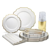 OCCASIONS  200 Piece set 25 Guests-Wedding Plastic Plates & cutlery -Disposable heavyweight Dinnerware 10.5, 8 + Silverware + Cups + Napkins Imperial White & Gold
