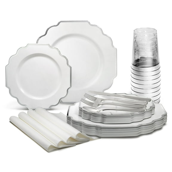 " OCCASIONS " 200 Piece set (25 Guests)-Wedding Plastic Plates & cutlery -Disposable heavyweight Dinnerware 10.5'', 8'' + Silverware + Cups + Napkins (Imperial in White & Silver Rim)