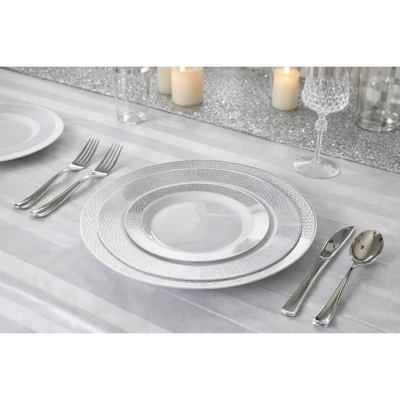 OCCASIONS 200pcs Disposable Plastic Plate Set for Weddings - Diamond White & Silver Heavyweight Tableware with Cutlery and Cups