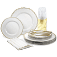 thumbnail image 1 of " OCCASIONS " 200pcs set (25 Guest)-Wedding Disposable Plastic Plates & cutlery - 10.25'', 7.5'' +paper napkins, Gold rim cups & Silverware (Rochelle White and Gold), 1 of 7