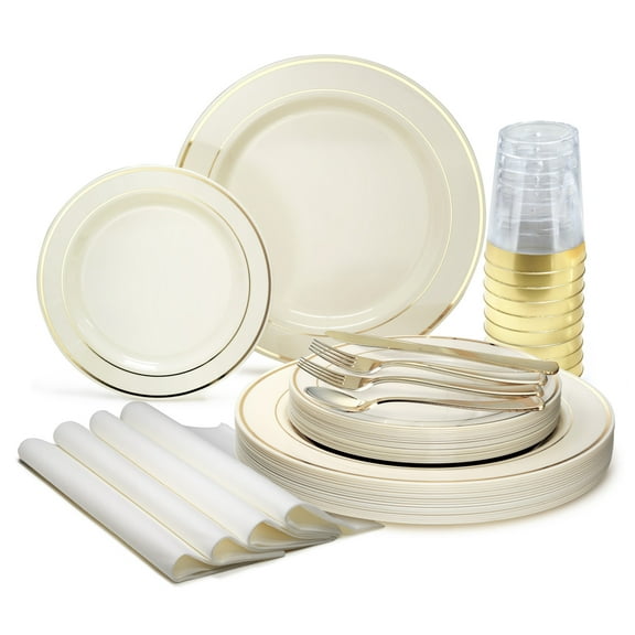 " OCCASIONS " 200pcs set (25 Guests)-Heavyweight Wedding Party Disposable Plastic Plate Set -25 x 10.5'' + 25 x 7.5'' + Silverware + Cups +linen like paper Napkins (Ivory & Gold Rim)