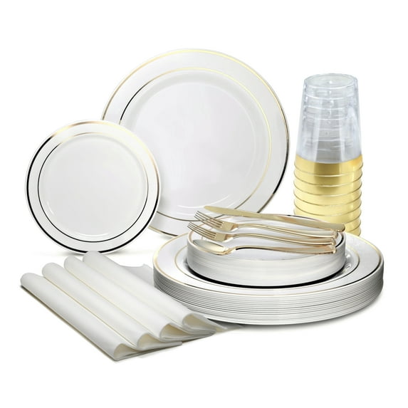 " OCCASIONS " 200pcs set (25 Guests)-Heavyweight Wedding Party Disposable Plastic Plate Set -25 x 10.5'' + 25 x 7.5'' + Silverware + Cups +linen like paper Napkins (White & Gold Rim)