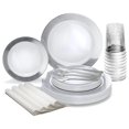 thumbnail image 1 of " OCCASIONS " 200pcs set (25 Guests)-Heavyweight Wedding Party Disposable Plastic Plate Set -25x10.5'' +25 x7.5'' + Silverware +Cups+linen like paper Napkins (Linen White & Silver), 1 of 9