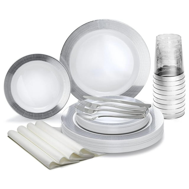 " OCCASIONS " 200pcs set (25 Guests)-Heavyweight Wedding Party Disposable Plastic Plate Set -25x10.5'' +25 x7.5'' + Silverware +Cups+linen like paper Napkins (Linen White & Silver)