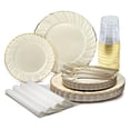 thumbnail image 1 of " OCCASIONS " 200pcs set (25 Guests)-Vintage Wedding Party Disposable Plastic Plates -25 x 10.25'' + 25 x 7.5'' +Silverware +Gold rim Cups +Napkins (Blossom Ivory & Gold), 1 of 9