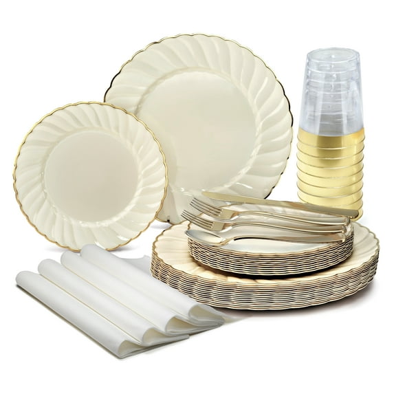 " OCCASIONS " 200pcs set (25 Guests)-Vintage Wedding Party Disposable Plastic Plates -25 x 10.25'' + 25 x 7.5'' +Silverware +Gold rim Cups +Napkins (Blossom Ivory & Gold)