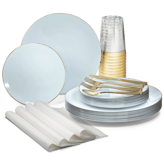 " OCCASIONS " 200pcs set (25 Guests)-Wedding Party Disposable Plastic Plate Set -25 x 10.25'' + 25 x 7.5'' + Silverware + Cups + Napkins (Bali in Blue & Gold)