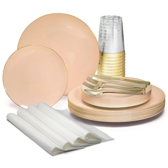 " OCCASIONS " 200pcs set (25 Guests)-Wedding Party Disposable Plastic Plate Set -25 x 10.25'' + 25 x 7.5'' + Silverware + Cups + Napkins (Bali in Blush & Gold)