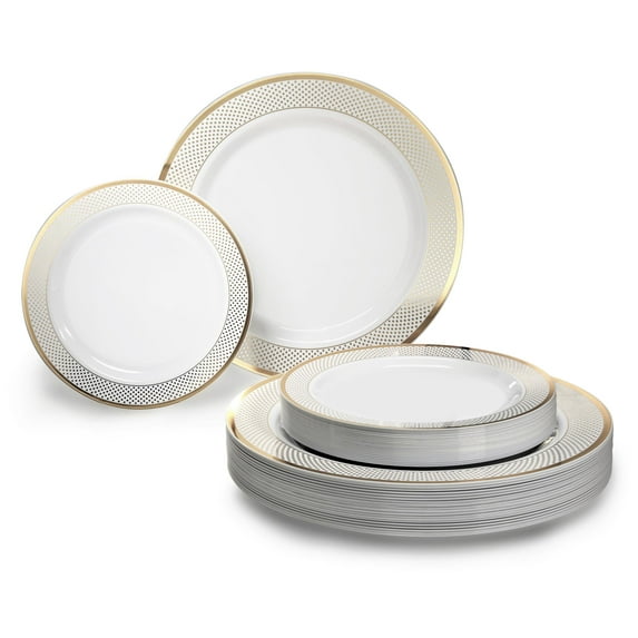 OCCASIONS 240 Pieces Pack,(120 Guests) Heavyweight Premium Wedding Party Disposable Plastic Plates Set -120 x 10.5'' Dinner + 120 x 7.5'' Salad / Dessert plates (Sundance White & Gold Rim)