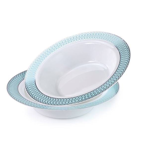 " OCCASIONS " 240 Pieces Pack, Disposable Wedding Party Plastic Bowls (12 oz Soup Bowl, Venice in White / Blue & Silver)