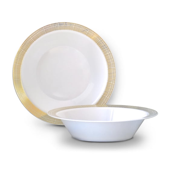 " OCCASIONS " 240 Pieces Pack, Heavyweight Disposable Wedding Party Plastic Bowls (14oz Soup Bowl, Linen in White & Gold)