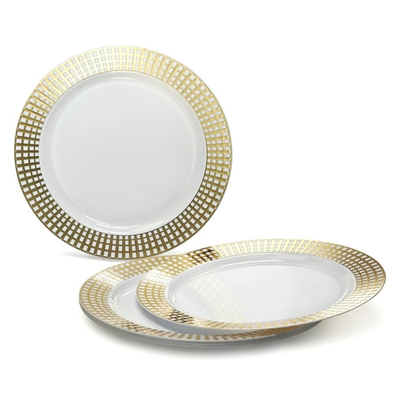 " OCCASIONS " 240 Pieces Pack, Heavyweight Disposable Wedding Party Plastic Plates (10.5'' Dinner Plate, Princess White/ Gold)
