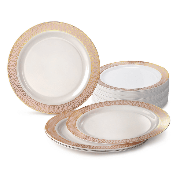 " OCCASIONS " 240 Pieces Pack, Heavyweight Disposable Wedding Party Plastic Plates (10.5'' Dinner Plate, Venice Blush and Gold)