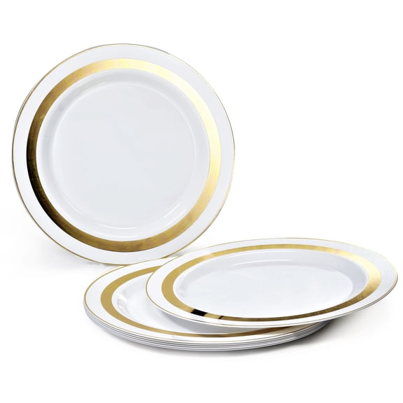 " OCCASIONS " 240 Pieces Pack, Heavyweight Disposable Wedding Party Plastic Plates (6.25'' Dessert/Bread Plate, Soleil White & Gold)