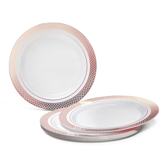 " OCCASIONS " 240 Pieces Pack, Heavyweight Disposable Wedding Party Plastic Plates (7.5'' Appetizer/Dessert Plate, Celebration White & Rose Gold)
