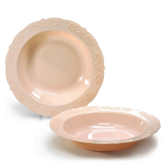 " OCCASIONS " 240 Pieces Pack, Vintage Style Disposable Wedding Party Plastic Bowls (10 oz Soup Bowl, Portofino Blush/ Antique Rose)