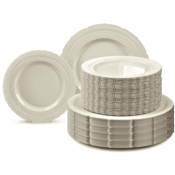 " OCCASIONS " 240 Plates Pack,(120 Guests) Extra Heavyweight Vintage Wedding Disposable / Reusable Plastic Plates 120 x 11'' Dinner + 120 x 8.25'' Salad / Dessert Plate (Chateau Ivory)