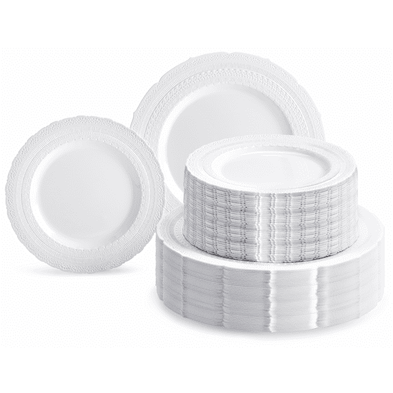 " OCCASIONS " 240 Plates Pack,(120 Guests) Extra Heavyweight Vintage Wedding Disposable / Reusable Plastic Plates 120 x 11'' Dinner + 120 x 8.25'' Salad / Dessert Plate (Chateau White)