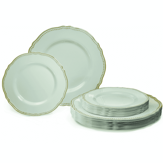 " OCCASIONS " 240 Plates Pack,(120 Guests) Heavyweight Premium Disposable Plastic Plates Set -120 x 10.25'' Dinner + 120 x 7.5'' Salad / Dessert (Rochelle Seafoam / Mint and Gold)
