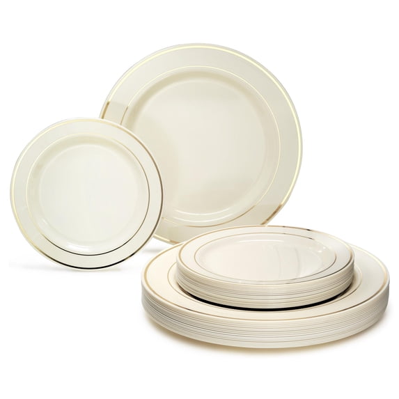 " OCCASIONS " 240 Plates Pack (120 Guests)-Heavyweight Wedding Party Disposable Plastic Plate Set -120 x 10.5'' Dinner + 120 x 7.5'' Salad/Dessert plates (Ivory & Gold Rim)