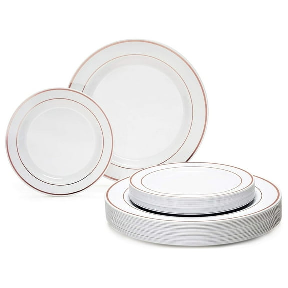 OCCASIONS 240 Plates Pack,(120 Guests) Heavyweight Premium Wedding Party Disposable Plastic Plates Set -120 x 10.5'' Dinner + 120 x 7.5'' Salad/Dessert (White & Rose Rim)