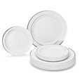 thumbnail image 1 of " OCCASIONS " 240 Plates Pack,(120 Guests) Heavyweight Premium Wedding Party Disposable Plastic Plates Set -120 x 10.5'' Dinner + 120 x 7.5'' Salad / Dessert (White & Silver Rim), 1 of 10