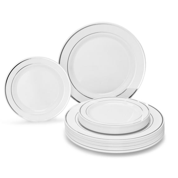" OCCASIONS " 240 Plates Pack,(120 Guests) Heavyweight Premium Wedding Party Disposable Plastic Plates Set -120 x 10.5'' Dinner + 120 x 7.5'' Salad / Dessert (White & Silver Rim)