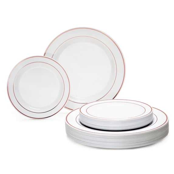 " OCCASIONS " 240 Plates Pack,(120 Guests) Heavyweight Premium Wedding Party Disposable Plastic Plates Set -120 x 10.5'' Dinner + 120 x 7.5'' Salad/Dessert (White & Rose Gold Rim)