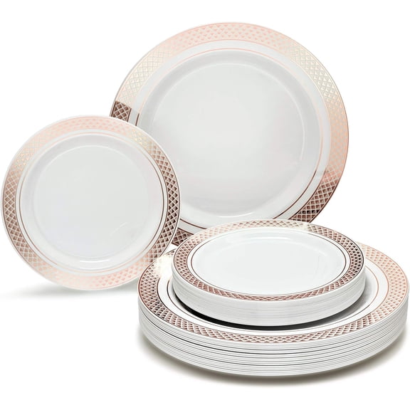 OCCASIONS 240 Plates Pack,(120 Guests) Heavyweight Premium Wedding Party Disposable Plastic Plates Set -120 x 10.5'' Dinner + 120 x 7.5'' Salad/Dessert plates (Celebration White & Rose Gold)