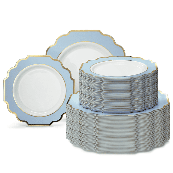 " OCCASIONS " 240 Plates Pack (120 Guests) Heavyweight Wedding Party Disposable Plastic Plates Set -120 x 10.5'' Dinner   120 x 8'' Salad/Dessert Plate (Imperial in Blue/Gold)