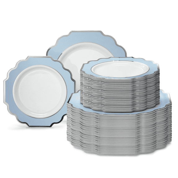 " OCCASIONS " 240 Plates Pack (120 Guests) Heavyweight Wedding Party Disposable Plastic Plates Set -120 x 10.5'' Dinner + 120 x 8'' Salad/Dessert Plate (Imperial in White/Baby Blue & Silver)