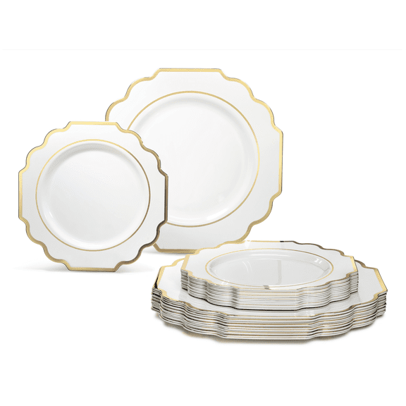 " OCCASIONS " 240 Plates Pack (120 Guests) Heavyweight Wedding Party Disposable Plastic Plates Set -120 x 10.5'' Dinner + 120 x 8'' Salad/Dessert Plate (Imperial White and Gold)