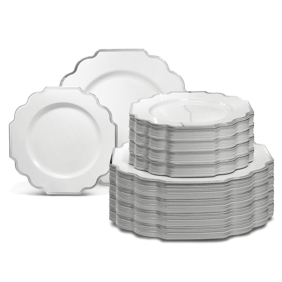 " OCCASIONS " 240 Plates Pack (120 Guests) Heavyweight Wedding Party Disposable Plastic Plates Set -120 x 10.5'' Dinner + 120 x 8'' Salad/Dessert Plate (Imperial White and Silver Rim)