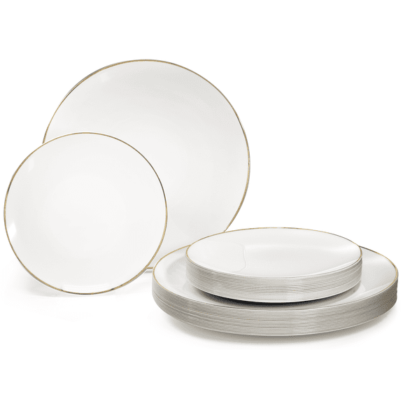 " OCCASIONS " 240 Plates Pack,(120 Guests) Premium Wedding Party Disposable Plastic Plates Set -120 x 10.25'' Dinner + 120 x 7.5'' Salad / Dessert (Bali, White & Gold)