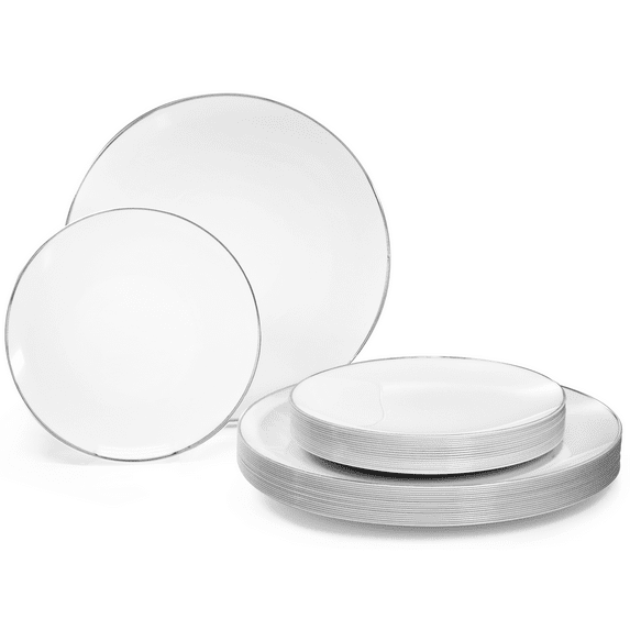 " OCCASIONS " 240 Plates Pack,(120 Guests) Premium Wedding Party Disposable Plastic Plates Set -120 x 10.25'' Dinner + 120 x 7.5'' Salad / Dessert (Bali, White & Silver)