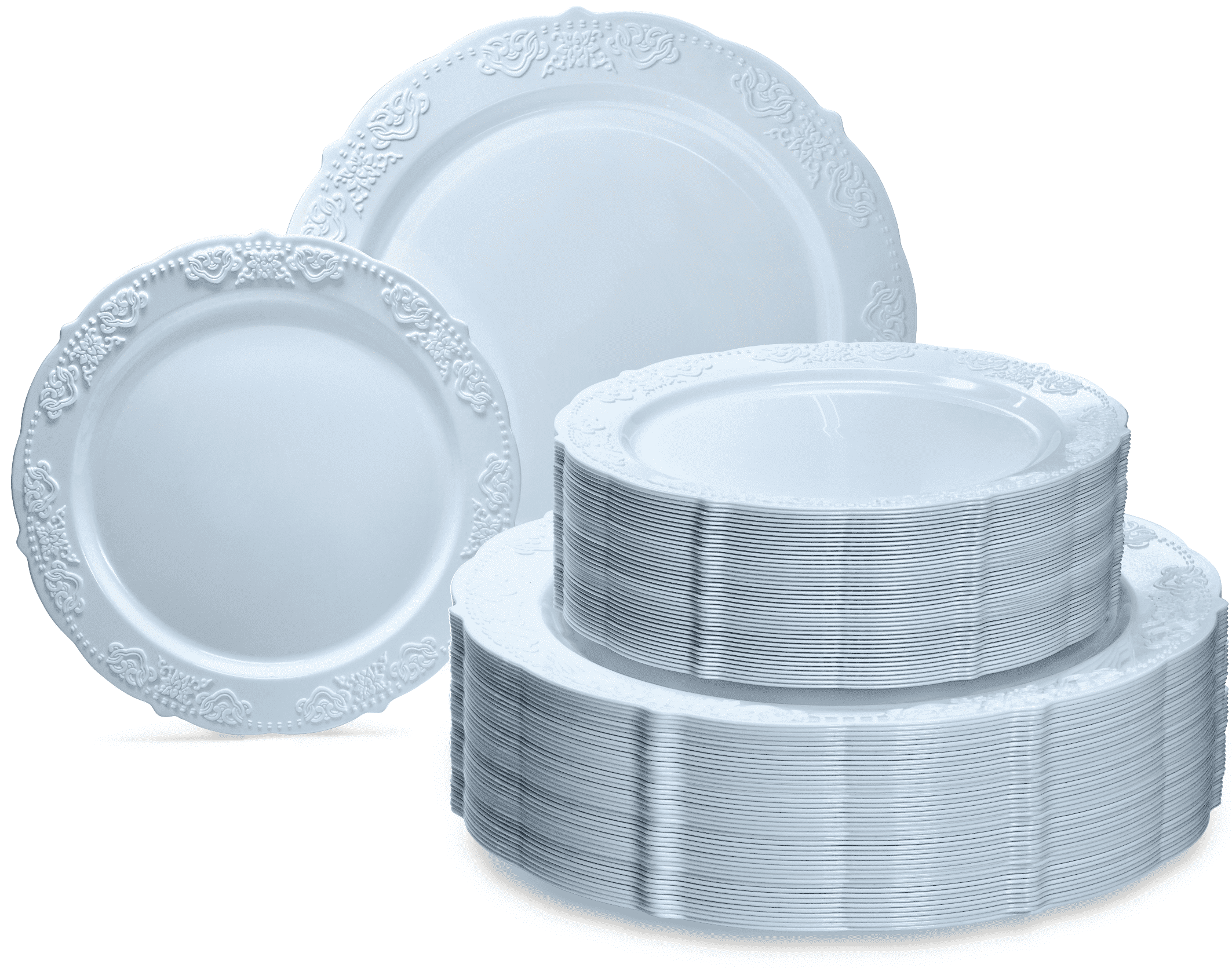 " OCCASIONS " 240 Plates Pack,(120 Guests) Vintage Wedding Party Disposable Plastic Plates Set-120x10.25'' Dinner +120x7.5'' Salad/Dessert Plate (Portofino Plain Blue)