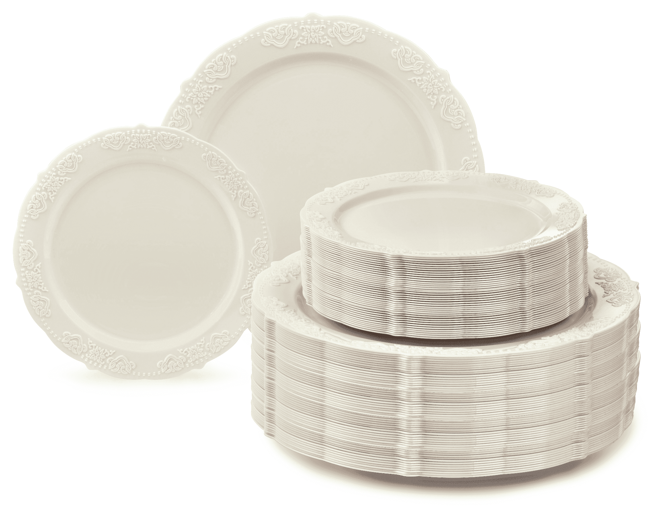 " OCCASIONS " 240 Plates Pack,(120 Guests) Vintage Wedding Party Disposable Plastic Plates Set-120x10.25'' Dinner +120x7.5'' Salad/Dessert Plate (Portofino Plain Ivory)