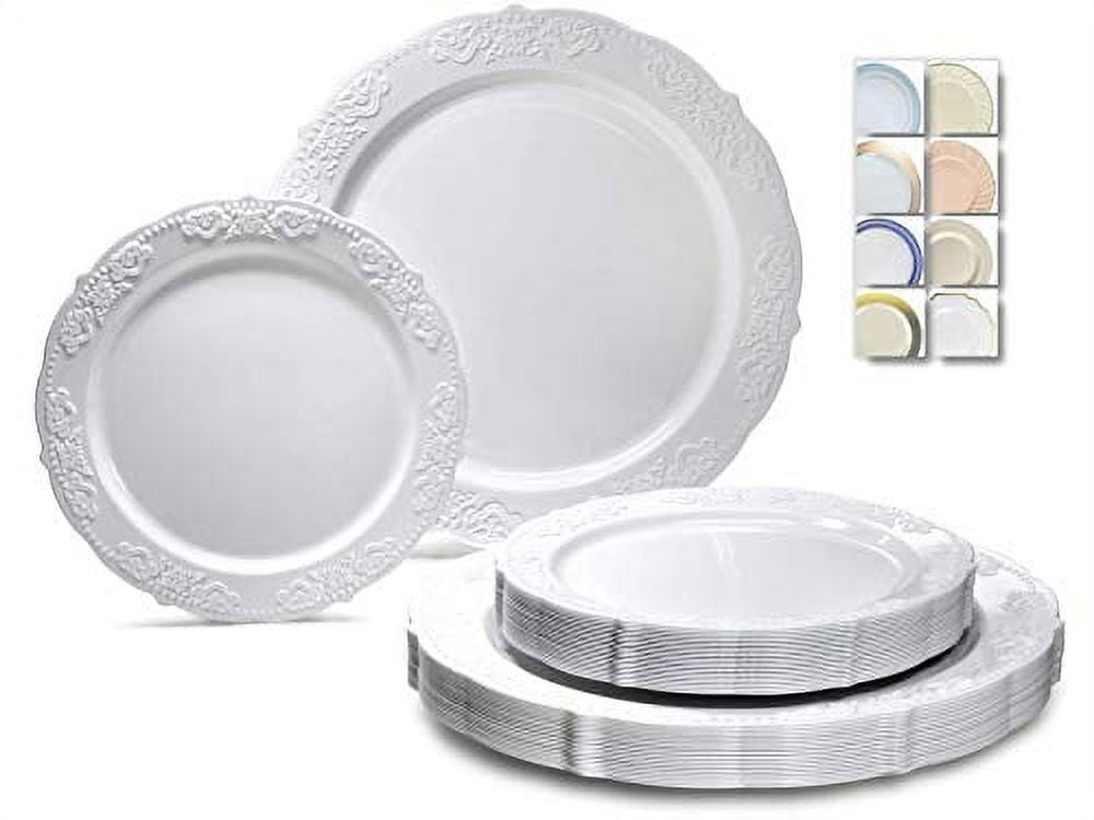 Portofino White Glossy Disposable Plastic Plates Set for 120 Guests