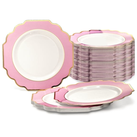 " OCCASIONS " 240 Plates Pack, Heavyweight Disposable Wedding Party Plastic Plates (10.5'' Dinner Plate, Imperial in White /Light Pink & Gold)
